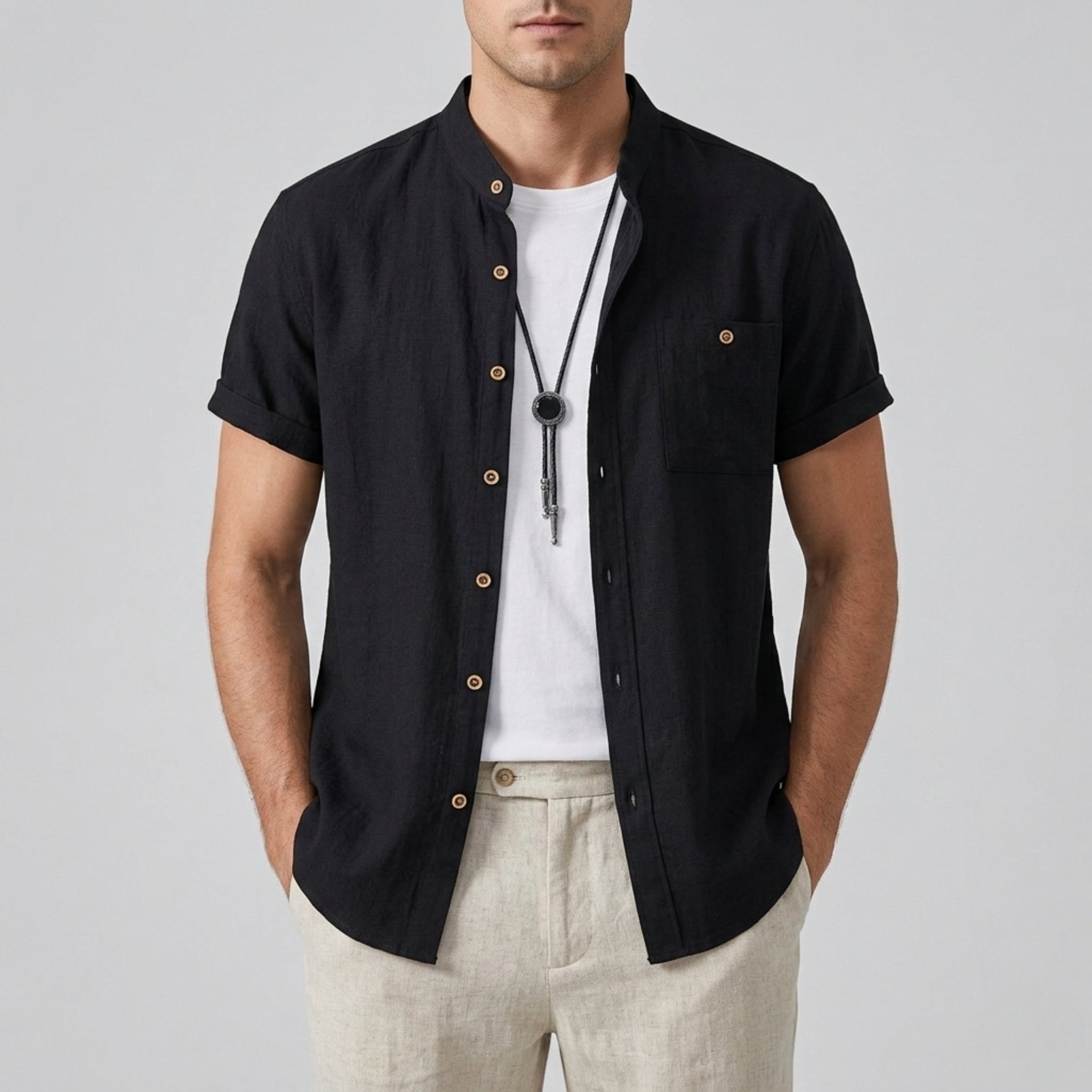 Men’s Linen Mandarin Collar Shirt | Olamil