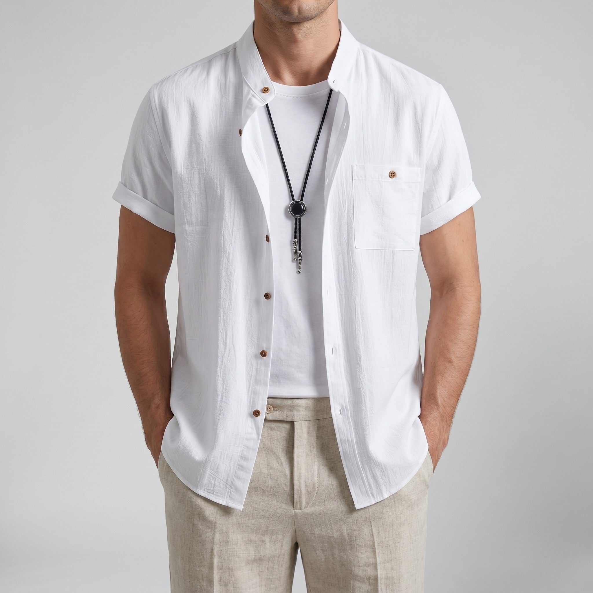 Men’s Linen Mandarin Collar Shirt | Olamil