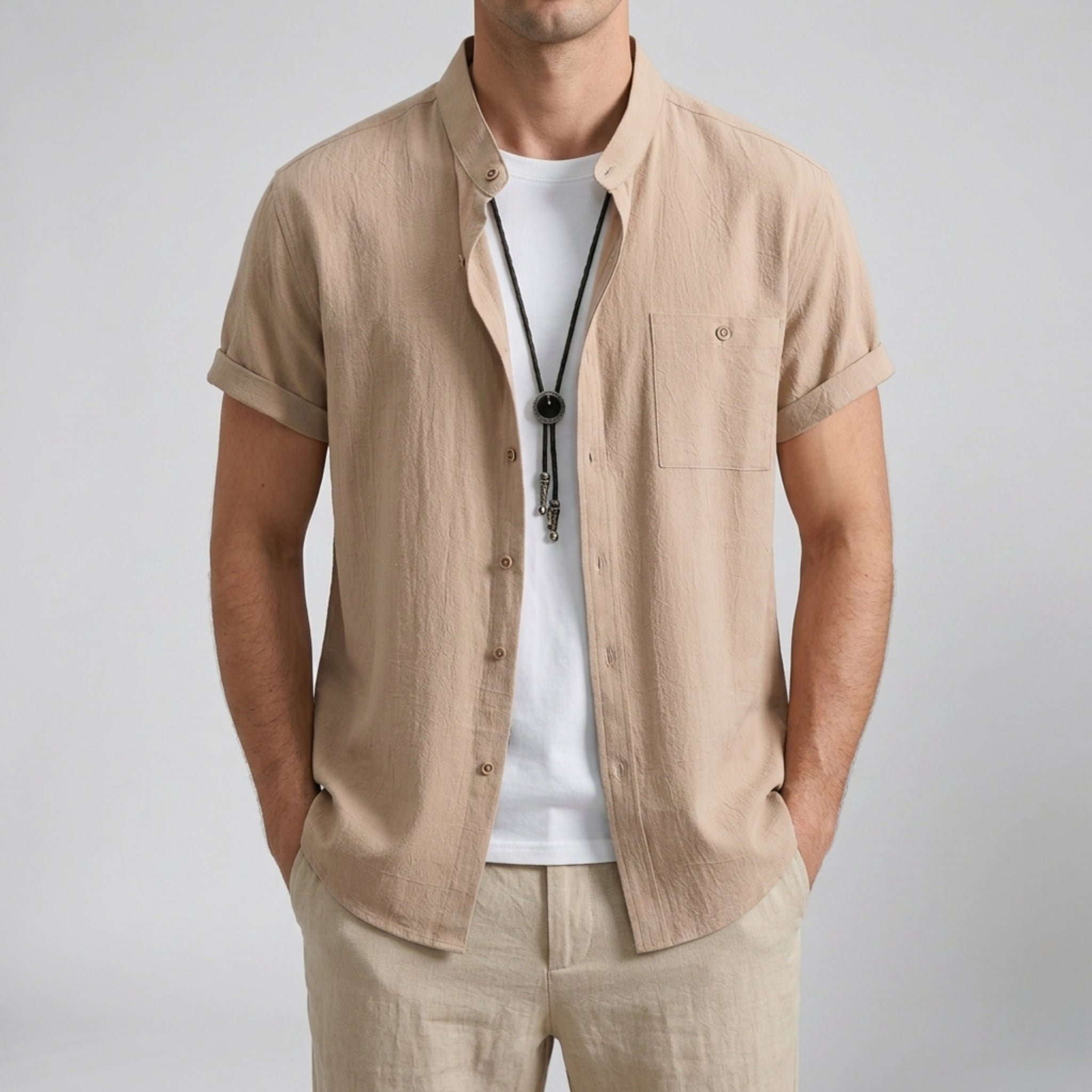 Men’s Linen Mandarin Collar Shirt | Olamil