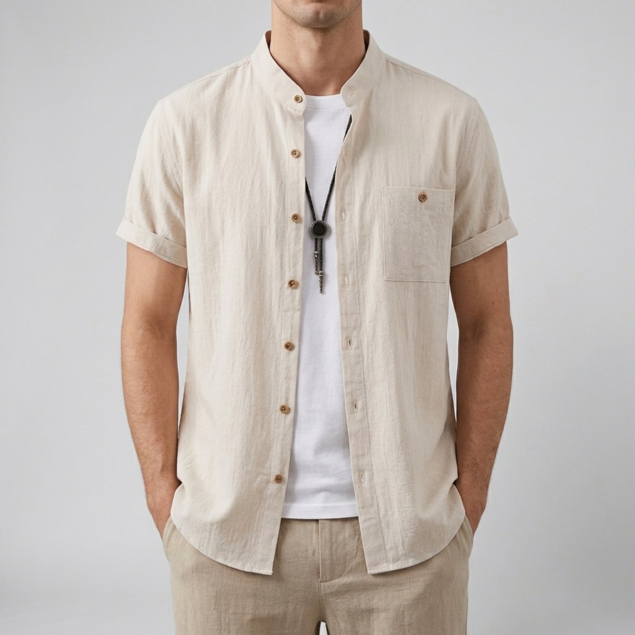 Men’s Linen Mandarin Collar Shirt | Olamil