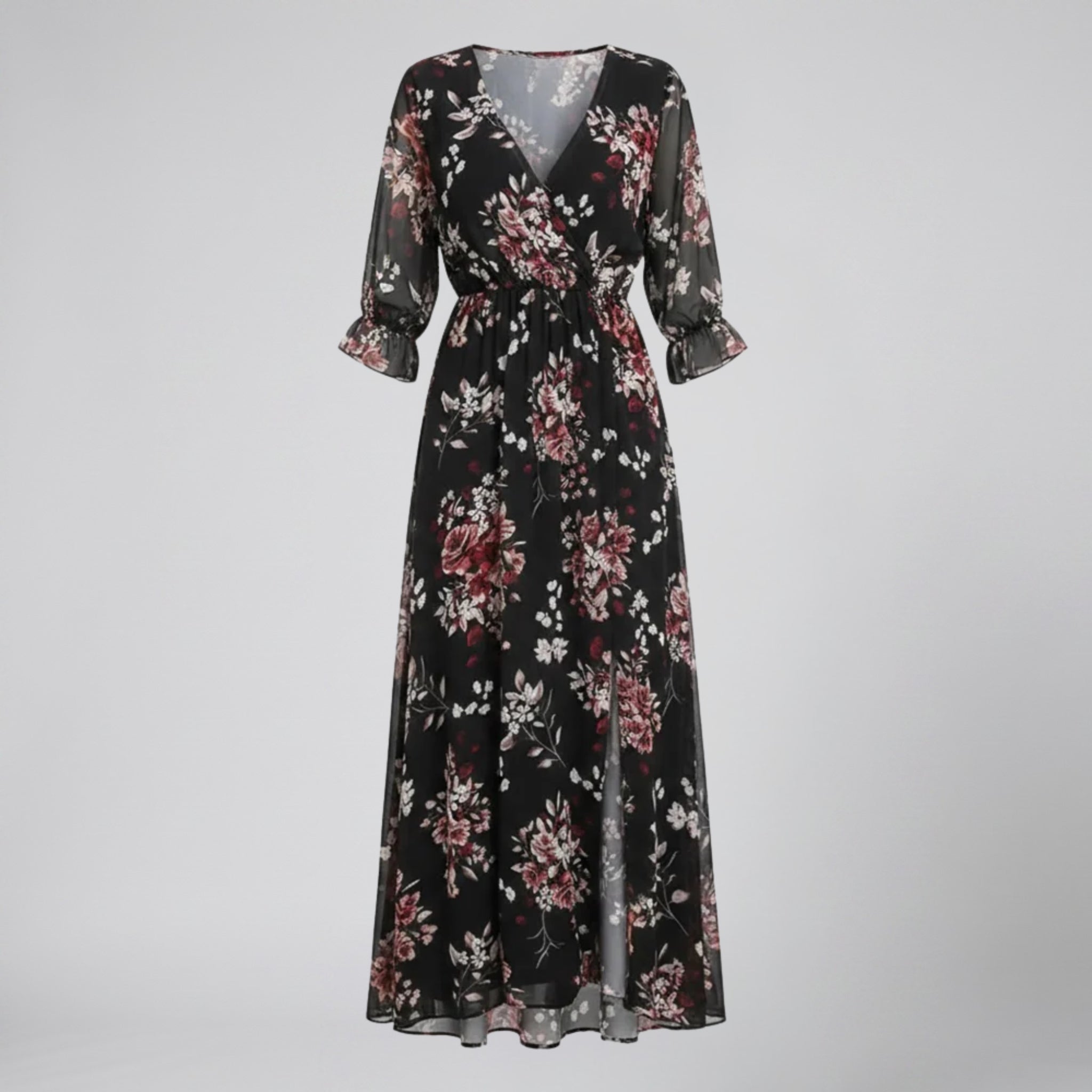 Olamil - Women’s V-Neck Print Midi Dress – Chiffon Wrap