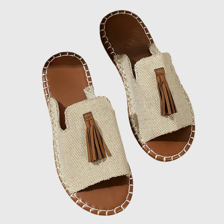 Women's Boho Fringe Slide Sandals – Tribal Print Open Toe Summer Flats