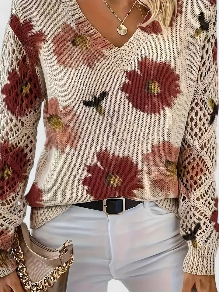 Aubrielynn | Women’s Floral Knit Sweater with V-Neck