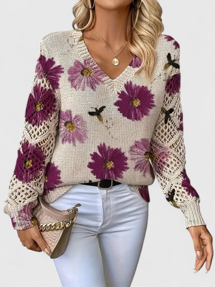 Aubrielynn | Women’s Floral Knit Sweater with V-Neck