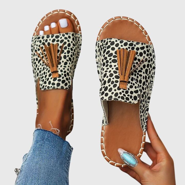 Women's Boho Fringe Slide Sandals – Tribal Print Open Toe Summer Flats