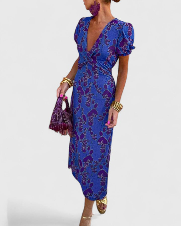 Women's V-Neck Floral Midi Dress – Short Puff Sleeve Twist-Front Cocktail Dress