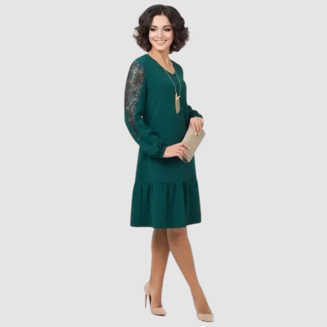 Lowri Quinn | Women’s Floral-Sleeve Midi Dress with Ruffled Hem