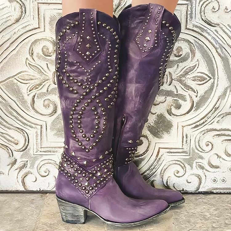 Women's Distressed Leather Studded Cowboy Boots