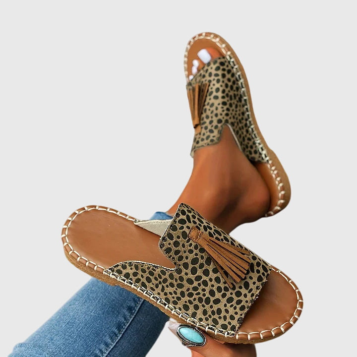 Women's Boho Fringe Slide Sandals – Tribal Print Open Toe Summer Flats