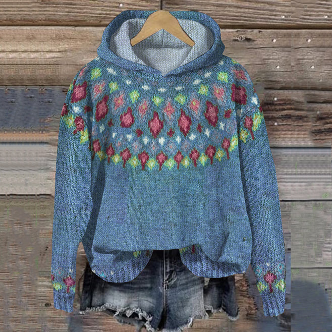 Women’s Comfortable Hoodie with Colorful Jacquard Pattern