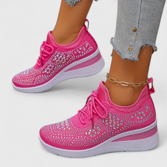 Women's Rhinestone Wedge Sneakers - Sparkly Bling Platform Walking Shoes