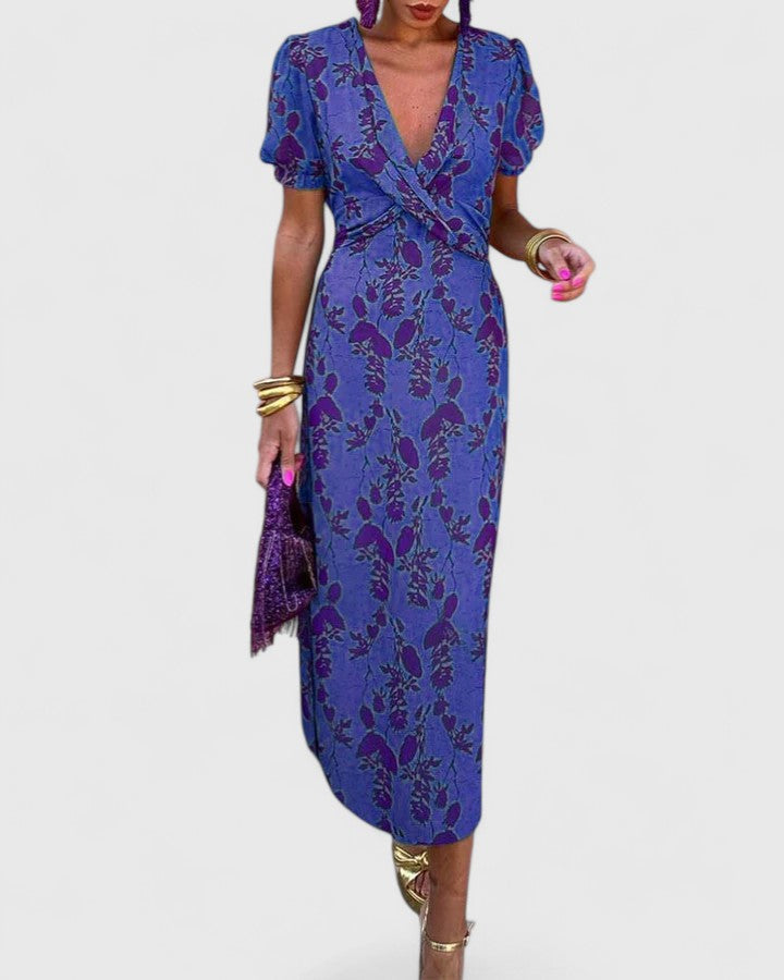 Women's V-Neck Floral Midi Dress – Short Puff Sleeve Twist-Front Cocktail Dress