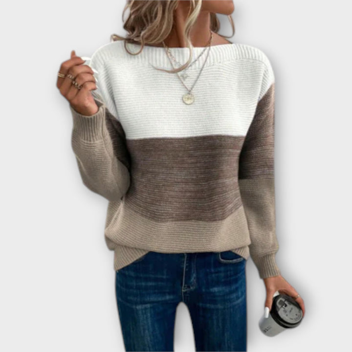 Elisabet | Women’s Three Color Sweater with Patchwork Pattern