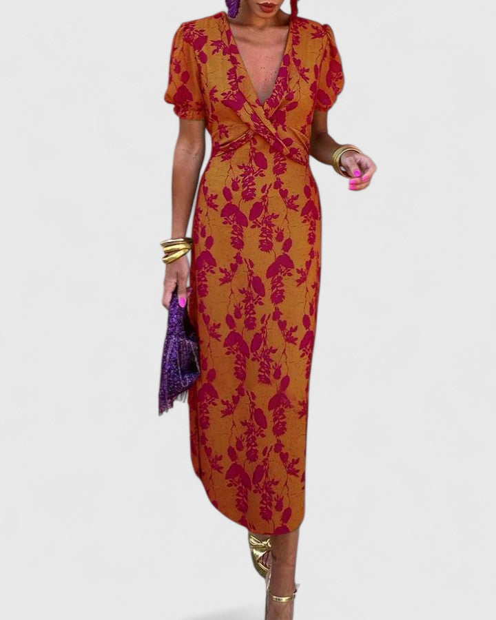 Women's V-Neck Floral Midi Dress – Short Puff Sleeve Twist-Front Cocktail Dress