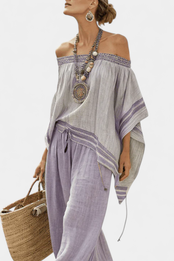 Zandrel | Women’s Off-Shoulder Striped Set with Wide Leg Pants