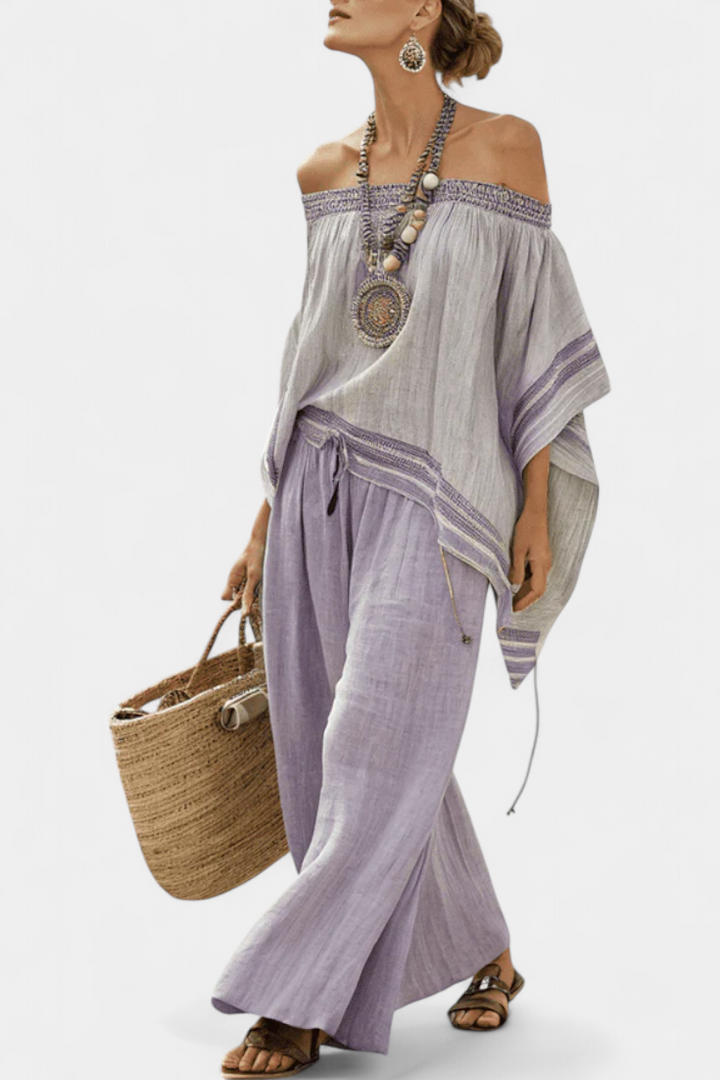 Zandrel | Women’s Off-Shoulder Striped Set with Wide Leg Pants