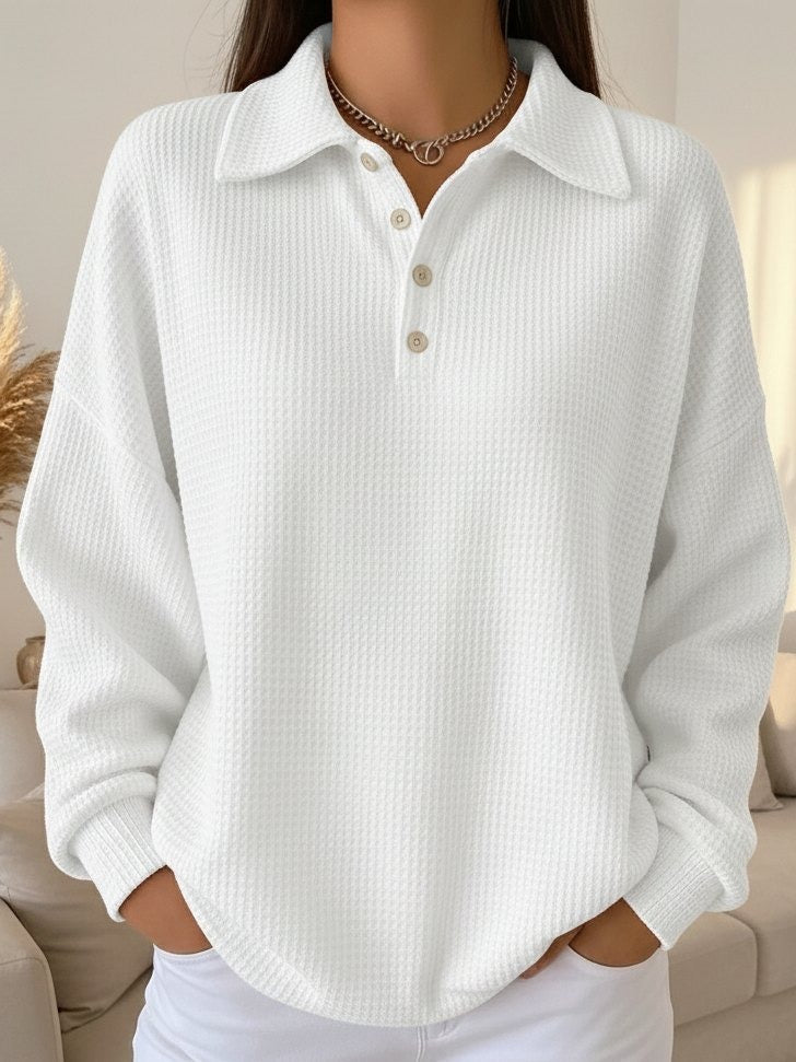 Women's Oversized Waffle Knit Polo Sweater – Casual Button-Down Collared Pullover