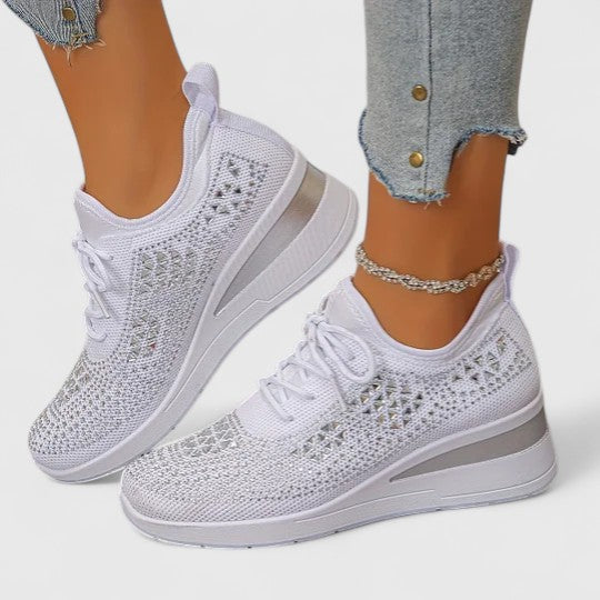 Women's Rhinestone Wedge Sneakers - Sparkly Bling Platform Walking Shoes
