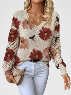 Aubrielynn | Women’s Floral Knit Sweater with V-Neck