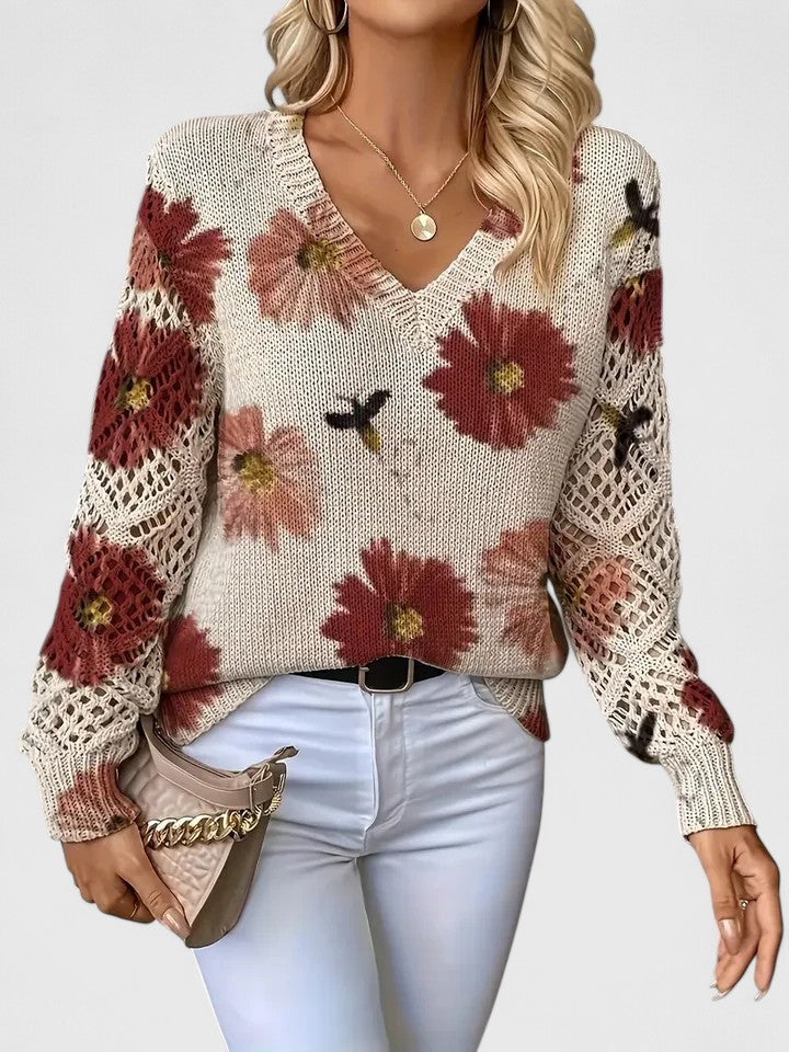 Aubrielynn | Women’s Floral Knit Sweater with V-Neck
