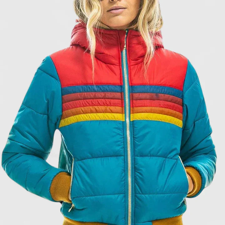 Women's Retro Rainbow Stripe Puffer Jacket – Casual Full-Zip Quilted Winter Coat