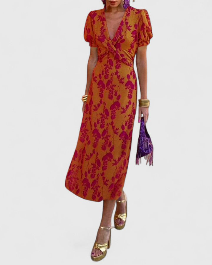 Women's V-Neck Floral Midi Dress – Short Puff Sleeve Twist-Front Cocktail Dress