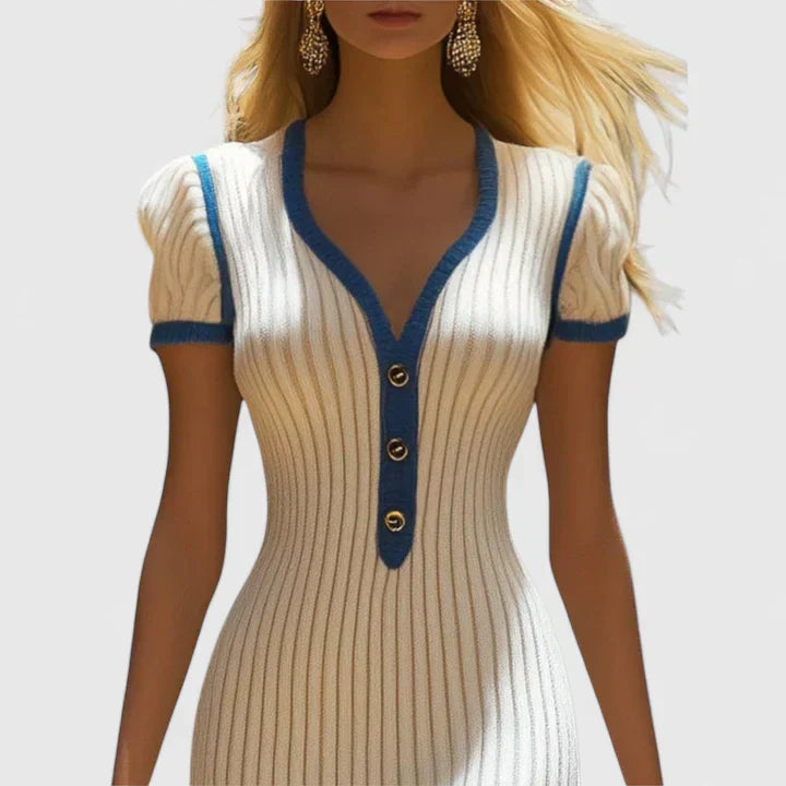 Women’s Elegant Midi Dress - Button V-neck