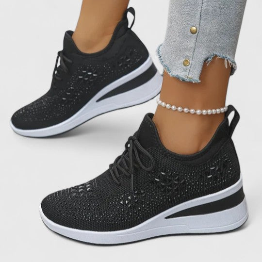 Women's Rhinestone Wedge Sneakers - Sparkly Bling Platform Walking Shoes