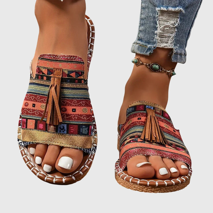 Women's Boho Fringe Slide Sandals – Tribal Print Open Toe Summer Flats