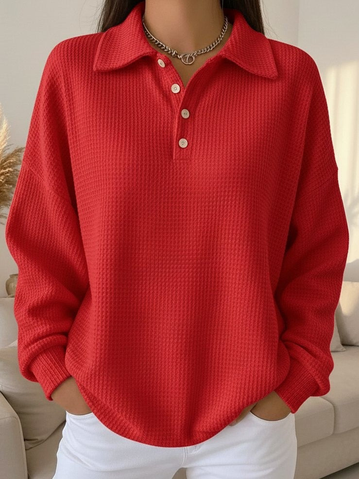 Women's Oversized Waffle Knit Polo Sweater – Casual Button-Down Collared Pullover