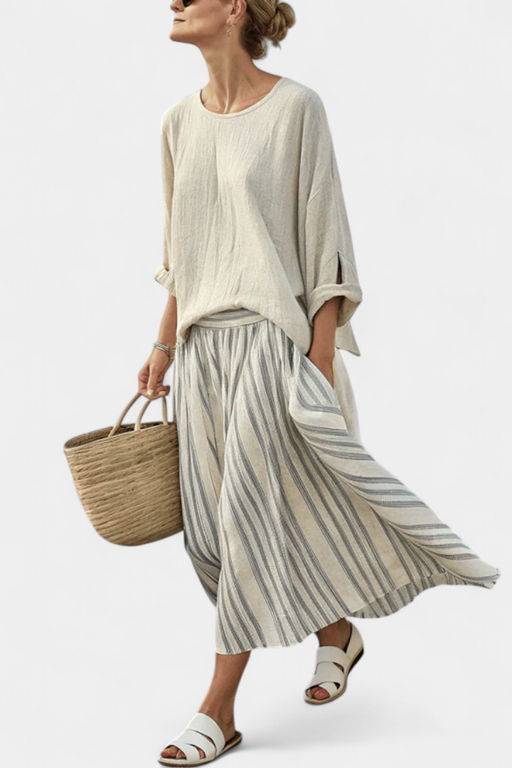 Women’s Loose Blouse with Striped Midi Skirt