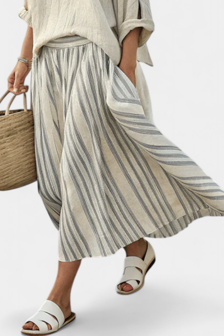 Women’s Loose Blouse with Striped Midi Skirt