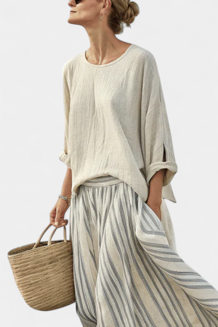 Women’s Loose Blouse with Striped Midi Skirt