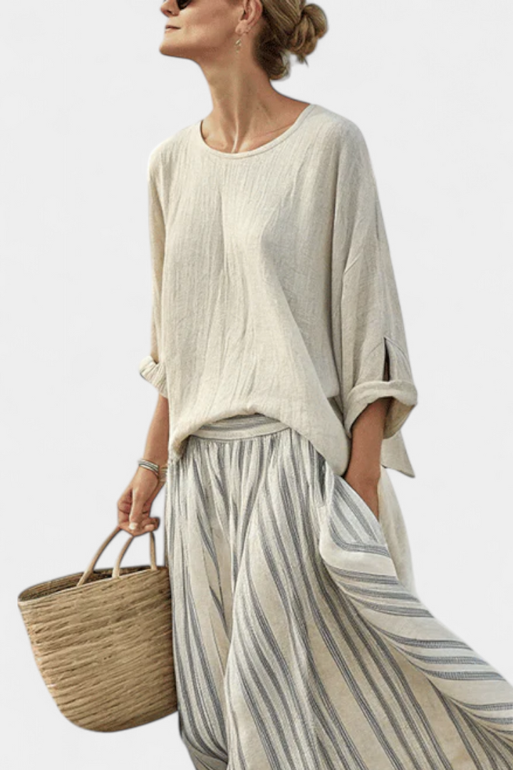 Women’s Loose Blouse with Striped Midi Skirt