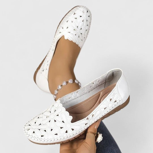 Women's Laser-Cut Floral Flat Sandals with Cushioned Footbed