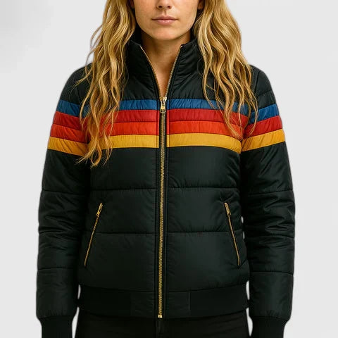 Women's Retro Rainbow Stripe Puffer Jacket – Casual Full-Zip Quilted Winter Coat