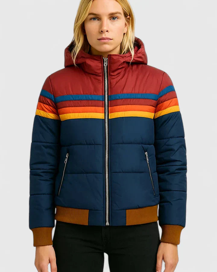 Women's Retro Rainbow Stripe Puffer Jacket – Casual Full-Zip Quilted Winter Coat