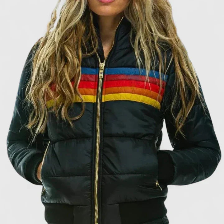 Women's Retro Rainbow Stripe Puffer Jacket – Casual Full-Zip Quilted Winter Coat