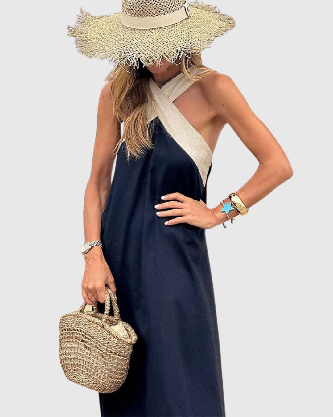 Women’s Cross-Neck Dress with Halter Accent