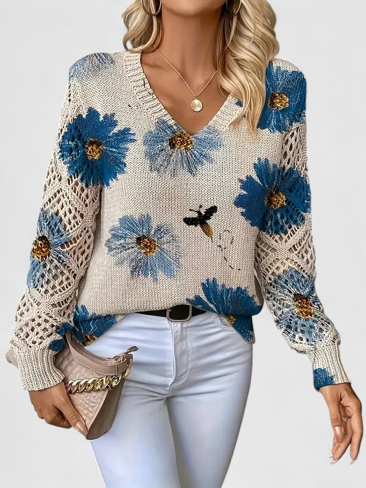 Aubrielynn | Women’s Floral Knit Sweater with V-Neck