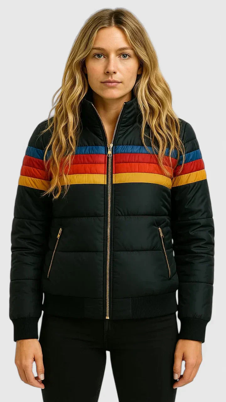Women's Retro Rainbow Stripe Puffer Jacket – Casual Full-Zip Quilted Winter Coat
