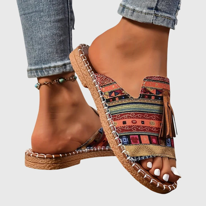 Women's Boho Fringe Slide Sandals – Tribal Print Open Toe Summer Flats