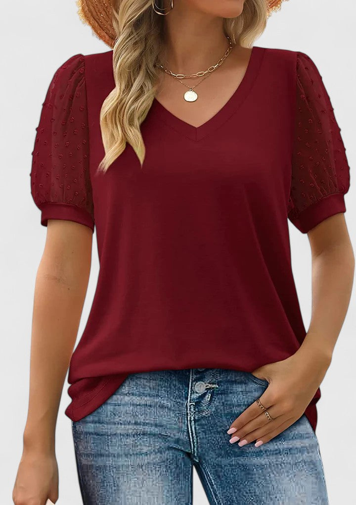 Women’s V-Neck Top with Sheer Sleeves