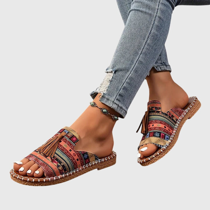 Women's Boho Fringe Slide Sandals – Tribal Print Open Toe Summer Flats