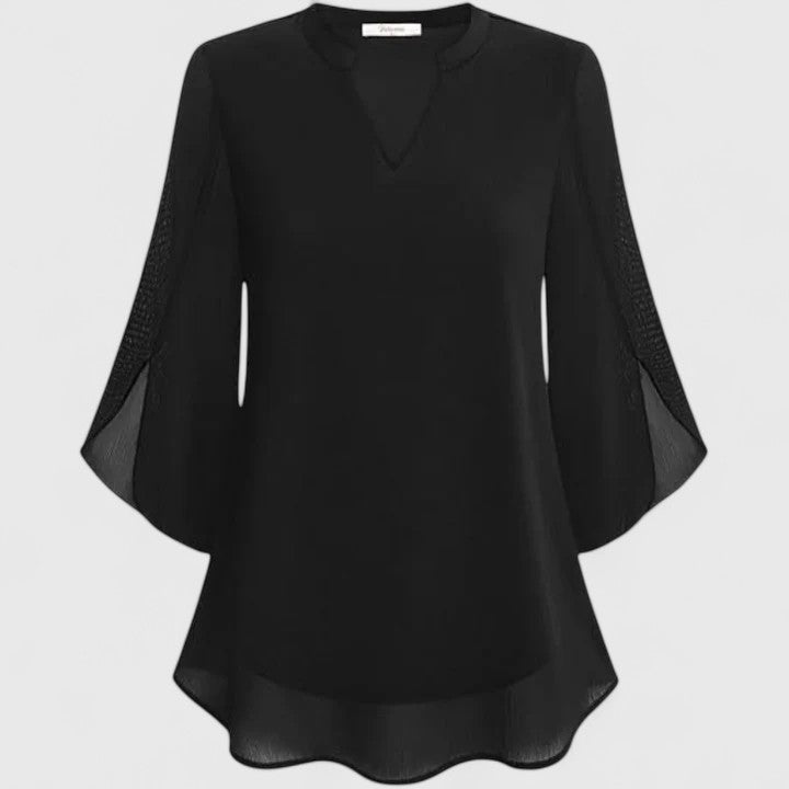 Women's V-Neck Chiffon Blouse – 3/4 Split Bell Sleeve Casual Tunic Top
