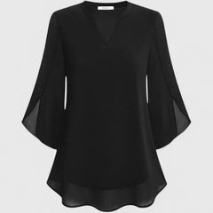 Women's V-Neck Chiffon Blouse – 3/4 Split Bell Sleeve Casual Tunic Top