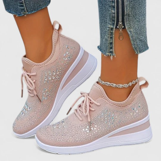 Women's Rhinestone Wedge Sneakers - Sparkly Bling Platform Walking Shoes