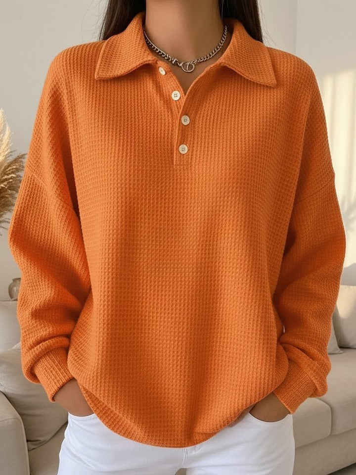Women's Oversized Waffle Knit Polo Sweater – Casual Button-Down Collared Pullover