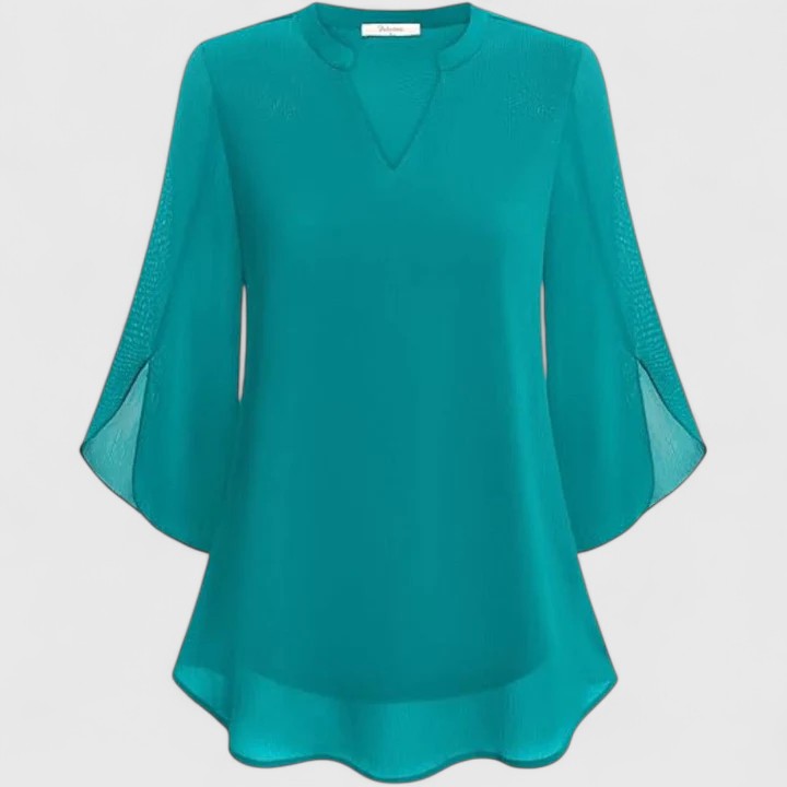 Women's V-Neck Chiffon Blouse – 3/4 Split Bell Sleeve Casual Tunic Top
