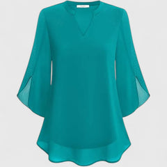 Women's V-Neck Chiffon Blouse – 3/4 Split Bell Sleeve Casual Tunic Top
